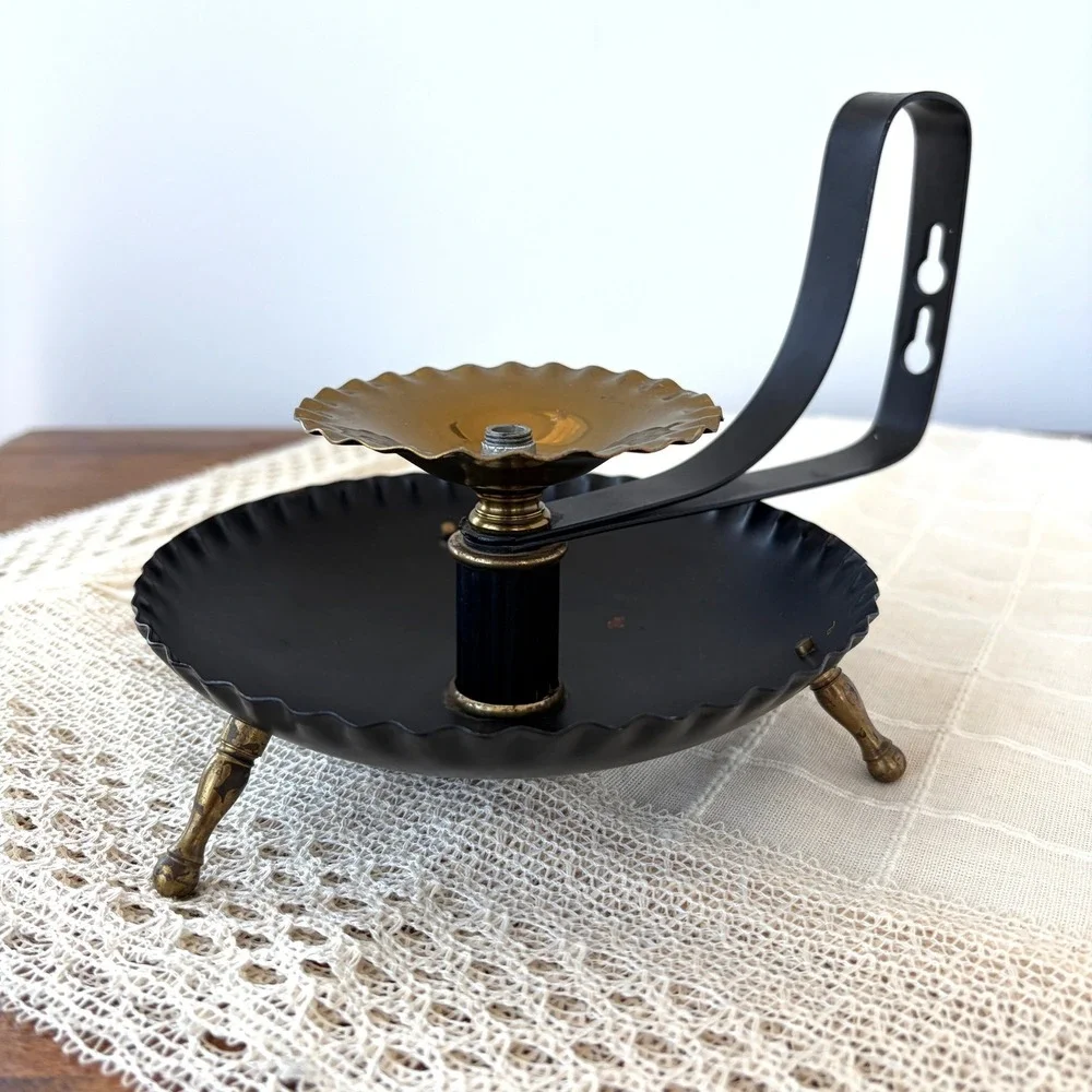 Vintage Black Metal Pillar Candle Holder Wall Sconce Brass Tripod Feet Scalloped